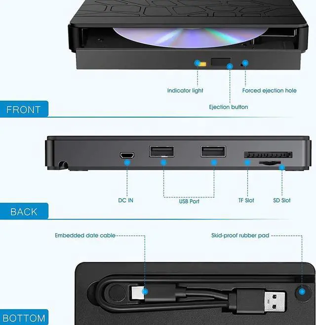 Alt view image 4 of 7 - External CD DVD Drive, Type-C USB 3.0 Slim Portable CD Reader with SD TF Card Reader & USB-Stick Port, CD/DVD-RW Burner Low Noise High Speed Data Transfer Super Drive for Laptop PC Windows,OS
