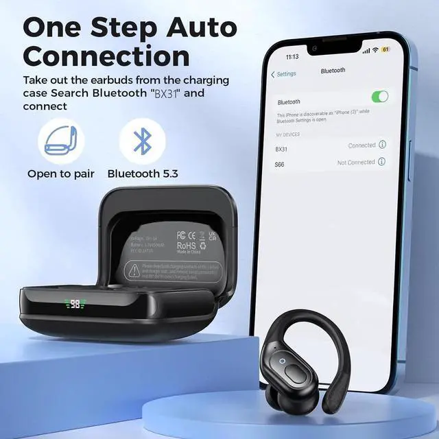 Alt view image 7 of 7 - Bluetooth Headphones, True Wireless Earbuds, BT5.3 Sports Earbuds 75H Playtime, IPX7 Waterproof, LED Power Display, Over Ear Buds with Earhooks, Mic in-Ear Headphones Deep Bass for Sports Workout