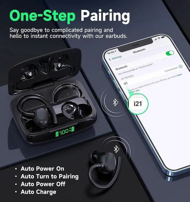 Alt view image 3 of 7 - True Wireless Earbuds, Bluetooth 5.3 TWS Ear Buds 42Hrs Playtime Bluetooth Headphones with Charging Case Stereo Bass Over-Ear Earphones with Earhooks Built-in Mic Waterproof Headset for Sports
