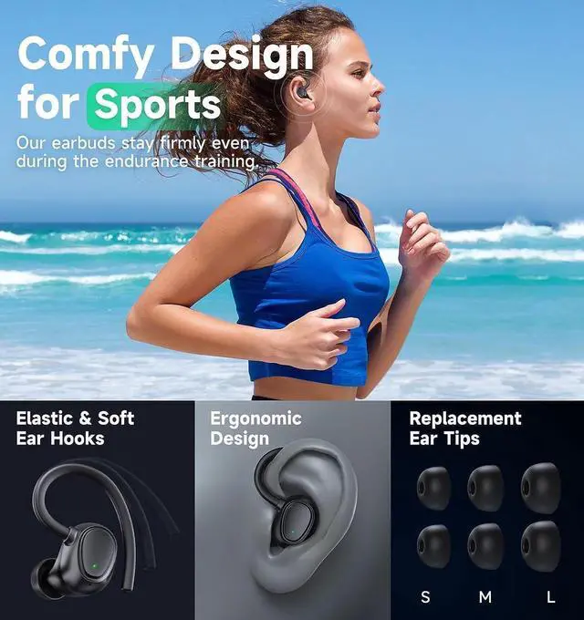 Alt view image 2 of 7 - True Wireless Earbuds, Bluetooth 5.3 TWS Ear Buds 42Hrs Playtime Bluetooth Headphones with Charging Case Stereo Bass Over-Ear Earphones with Earhooks Built-in Mic Waterproof Headset for Sports