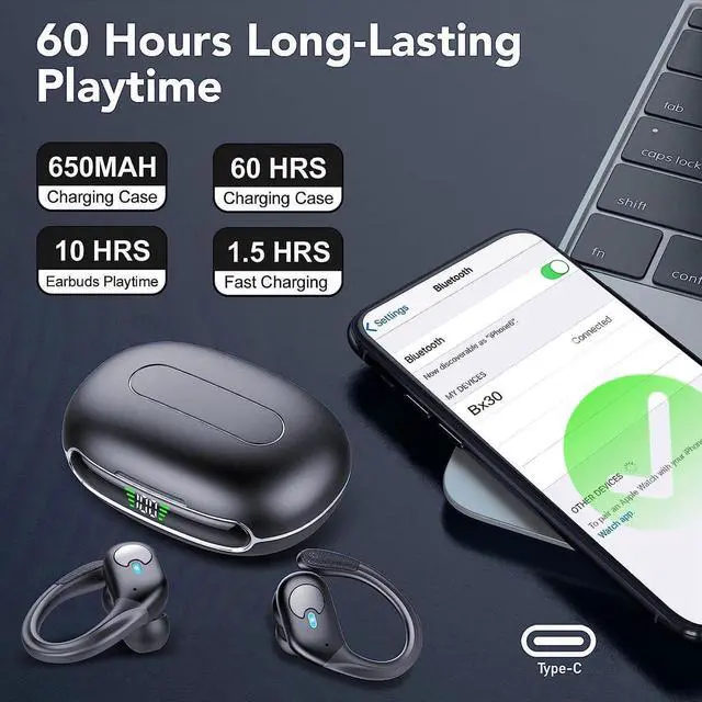 Alt view image 7 of 7 - Ture Wireless Earbuds, Bluetooth Headphones 5.3, 60Hrs Playtime USB-C Charging Case, LED Display, ENC Clear Talk, Deep Bass, Comfortable Fit, Over-Ear IPX7 Waterproof Headset with Earhooks