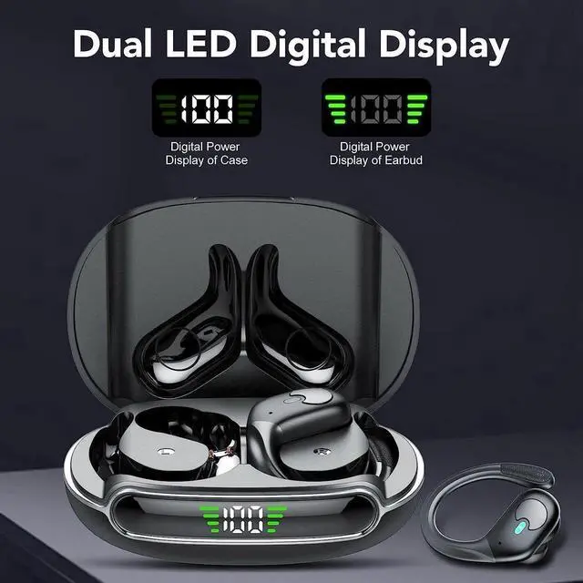 Alt view image 4 of 7 - Ture Wireless Earbuds, Bluetooth Headphones 5.3, 60Hrs Playtime USB-C Charging Case, LED Display, ENC Clear Talk, Deep Bass, Comfortable Fit, Over-Ear IPX7 Waterproof Headset with Earhooks
