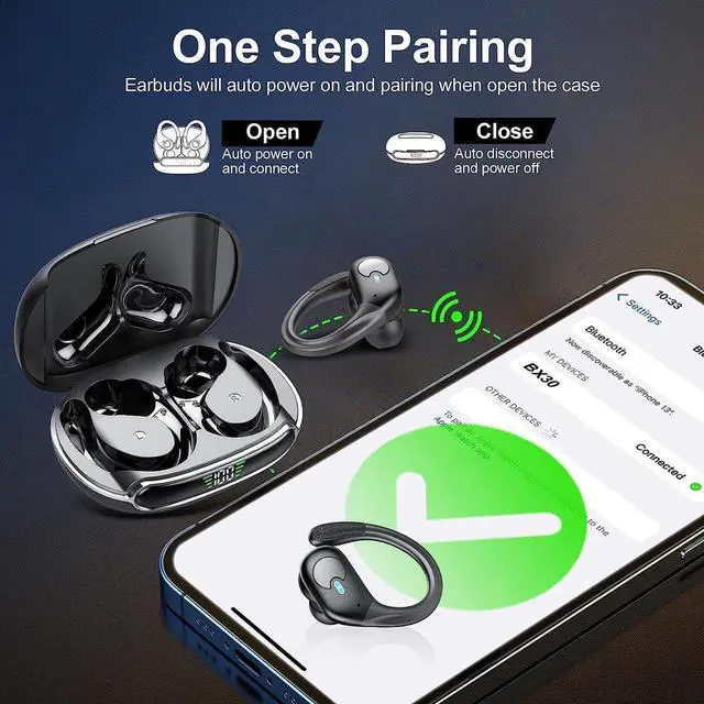 Alt view image 3 of 7 - Ture Wireless Earbuds, Bluetooth Headphones 5.3, 60Hrs Playtime USB-C Charging Case, LED Display, ENC Clear Talk, Deep Bass, Comfortable Fit, Over-Ear IPX7 Waterproof Headset with Earhooks