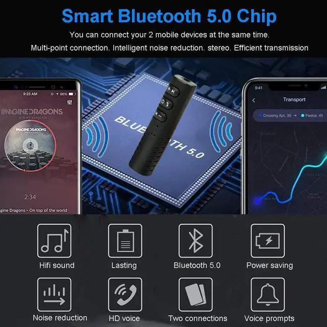 Alt view image 6 of 7 - Bluetooth Car Adapter, Portable Bluetooth 5.0 Stereo Output Receiver Hands-Free Car Kit & Mini Wireless 3.5mm Aux Adapter for Headphones, Car, Home Stereo Music System(Black)