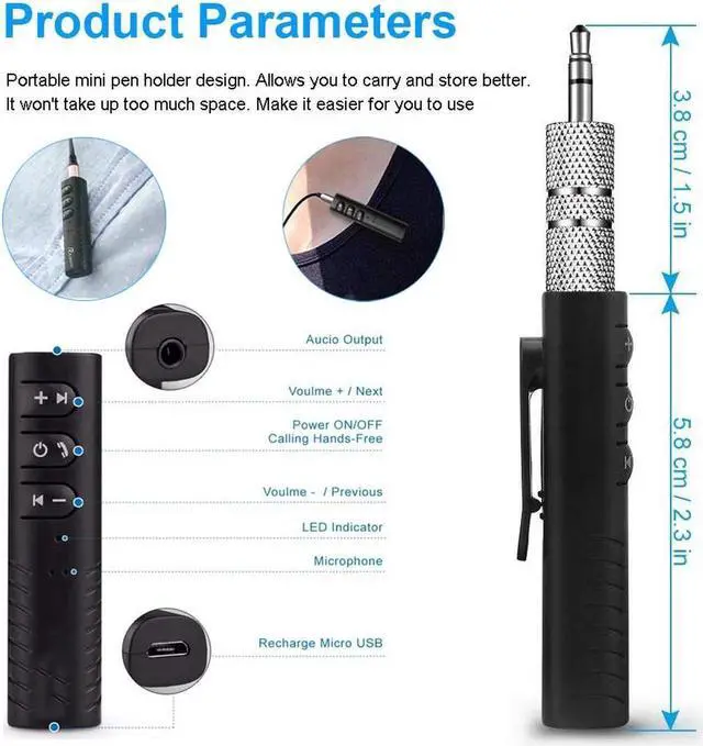 Alt view image 7 of 7 - Bluetooth Car Adapter, Portable Bluetooth 5.0 Stereo Output Receiver Hands-Free Car Kit & Mini Wireless 3.5mm Aux Adapter for Headphones, Car, Home Stereo Music System(Black)