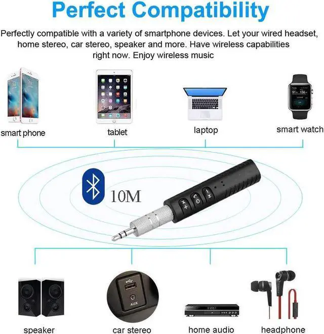 Alt view image 5 of 7 - Bluetooth Car Adapter, Portable Bluetooth 5.0 Stereo Output Receiver Hands-Free Car Kit & Mini Wireless 3.5mm Aux Adapter for Headphones, Car, Home Stereo Music System(Black)