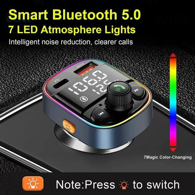 Alt view image 5 of 7 - Bluetooth FM Transmitter for Car, Car PD Charger with MP3 Player, Car Bluetooth FM Transmitter Adapter with 7 Color Backlit, QC 3.0+PD Ports Support TF Card USB Flash Drive