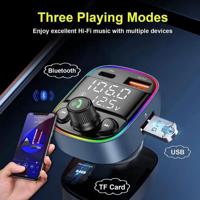 Alt view image 6 of 7 - Bluetooth FM Transmitter for Car, Car PD Charger with MP3 Player, Car Bluetooth FM Transmitter Adapter with 7 Color Backlit, QC 3.0+PD Ports Support TF Card USB Flash Drive