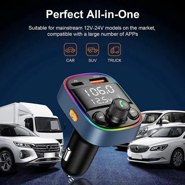 Alt view image 2 of 7 - Bluetooth FM Transmitter for Car, Car PD Charger with MP3 Player, Car Bluetooth FM Transmitter Adapter with 7 Color Backlit, QC 3.0+PD Ports Support TF Card USB Flash Drive