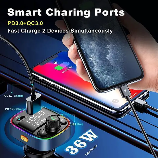 Alt view image 7 of 7 - Bluetooth FM Transmitter for Car, Car PD Charger with MP3 Player, Car Bluetooth FM Transmitter Adapter with 7 Color Backlit, QC 3.0+PD Ports Support TF Card USB Flash Drive