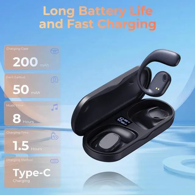 Alt view image 2 of 7 - Wireless Earbuds | Bluetooth Headphones, Non-In-Ear Ear Protection Headphones Wireless Bluetooth 5.3 with LED Display, Up to 8 Hours Playtime Touch Control Sports Waterproof Earbuds Wireless Bluetooth