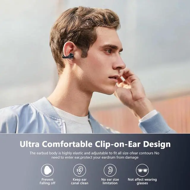 Alt view image 6 of 6 - Open Ear Bone Conduction Headphones Bluetooth 5.3 Wireless Open Clip Ear Earbuds Built-in Mic with Ear Hooks 60 Hours Playtime Sport Earphones IPX7 Waterproof for Fitness Running Walking