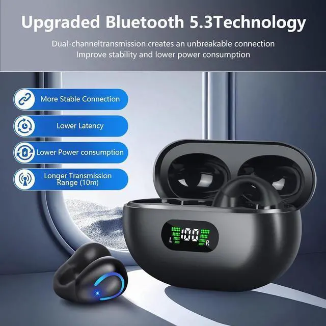 Alt view image 3 of 6 - Open Ear Bone Conduction Headphones Bluetooth 5.3 Wireless Open Clip Ear Earbuds Built-in Mic with Ear Hooks 60 Hours Playtime Sport Earphones IPX7 Waterproof for Fitness Running Walking