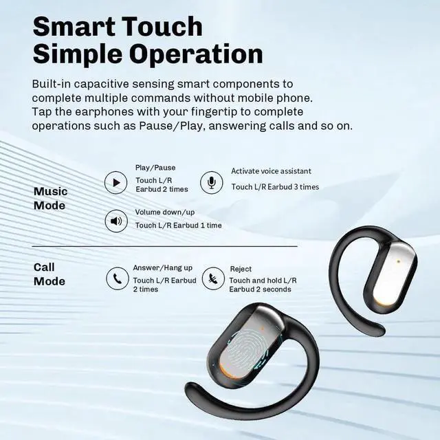 Alt view image 6 of 7 - Open Ear Headphones Wireless 5.4 Earbuds Support 2 Devices Connecting Over-Ear Touch Control 16mm Speakers Ear Buds IP6 Waterproof Earphones 45H Playback LED Power Display Headset for Gym