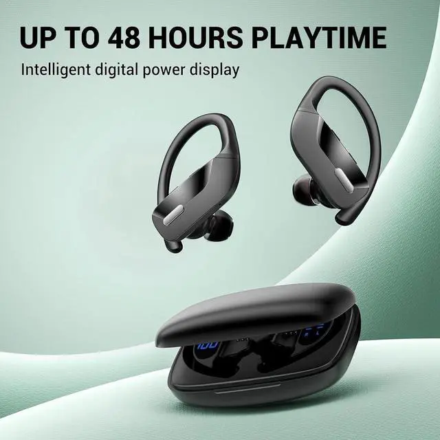 Alt view image 3 of 6 - Sport Wireless Earbuds, Bluetooth Headphones 48H Playback Premiun Bass Ear Buds with Earhooks Mic LED Power Display Charging Case in-Ear Earphones Headset for Workout Gym Exercise Running