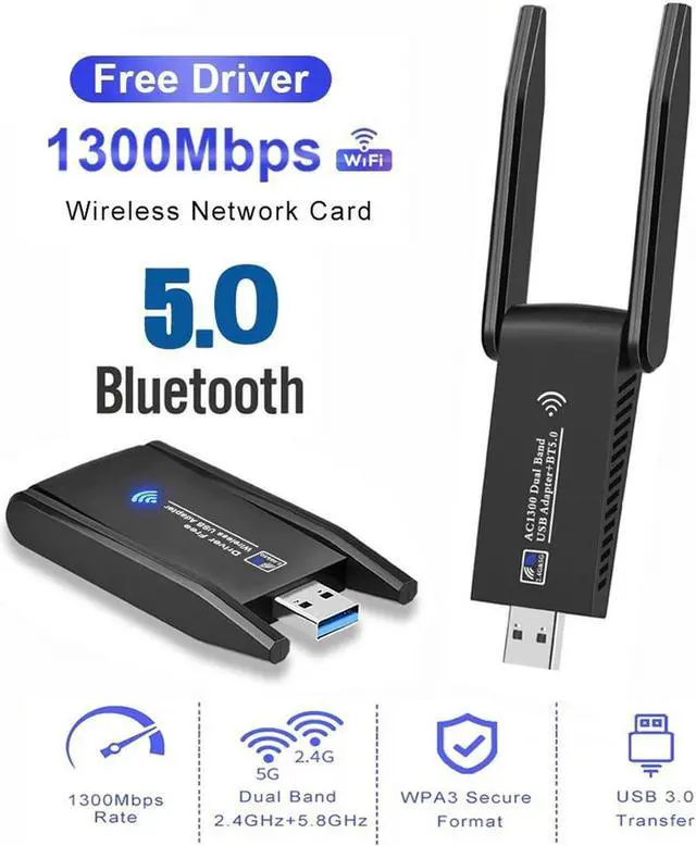 Alt view image 2 of 7 - Dual Band WiFi + Bluetooth 5.0 Wireless Network Card USB 3.0 1300M 802.11ac Adapter AC1300 With Antenna For Laptop PC 2.4GHz + 5.8GHz Mini Dongle