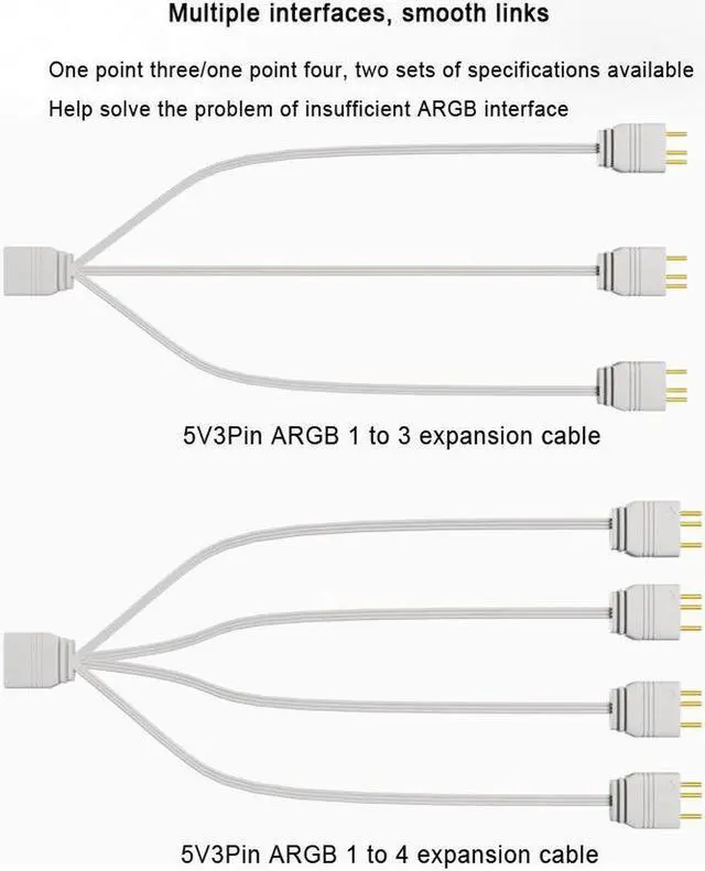 Alt view image 6 of 7 - 2 Pack 1.1ft 5V 3Pin Addressable RGB Splitter Cable Female to Male 1 to 4 ARGB Splitter Cord