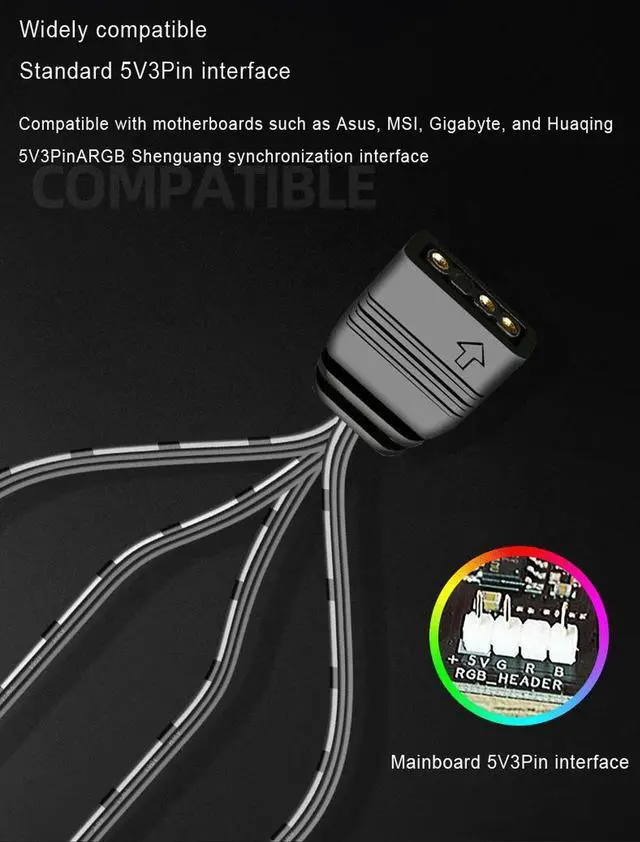 Alt view image 4 of 7 - 2 Pack 1.1ft 5V 3Pin Addressable RGB Splitter Cable Female to Male 1 to 4 ARGB Splitter Cord