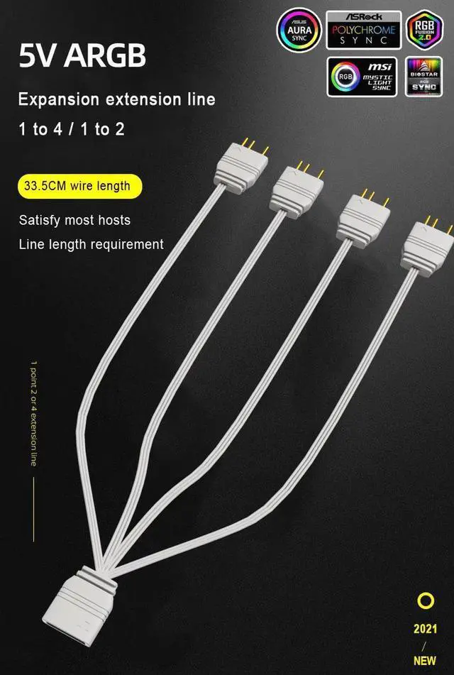 Alt view image 5 of 7 - 2 Pack 1.1ft 5V 3Pin Addressable RGB Splitter Cable Female to Male 1 to 4 ARGB Splitter Cord
