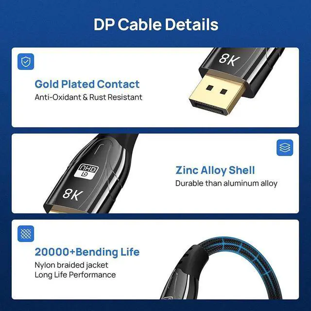 Alt view image 6 of 7 - DisplayPort Cable DP 1.4 10ft / 3M, 8K DP to DP Cable Bandwidth 32.4 Gbit/s, FreeSync & G-Sync, Support 8K @60Hz, 4K @144Hz/120Hz/60Hz, 2K @165Hz, 1080P @240Hz, Compatible With PC / Monitor - Grey
