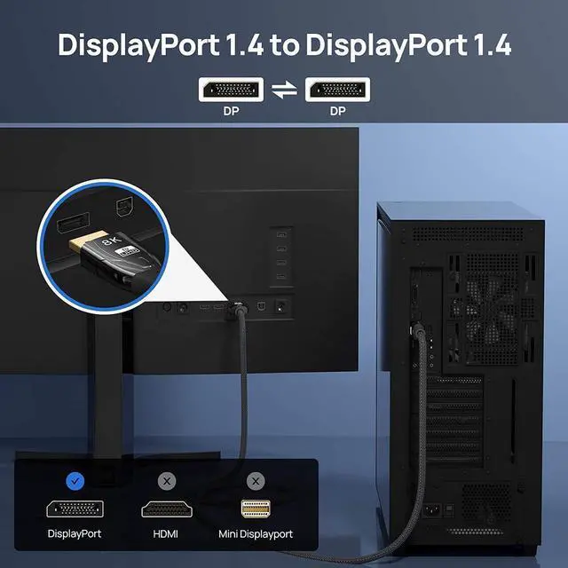Alt view image 4 of 7 - DisplayPort Cable DP 1.4 10ft / 3M, 8K DP to DP Cable Bandwidth 32.4 Gbit/s, FreeSync & G-Sync, Support 8K @60Hz, 4K @144Hz/120Hz/60Hz, 2K @165Hz, 1080P @240Hz, Compatible With PC / Monitor - Grey