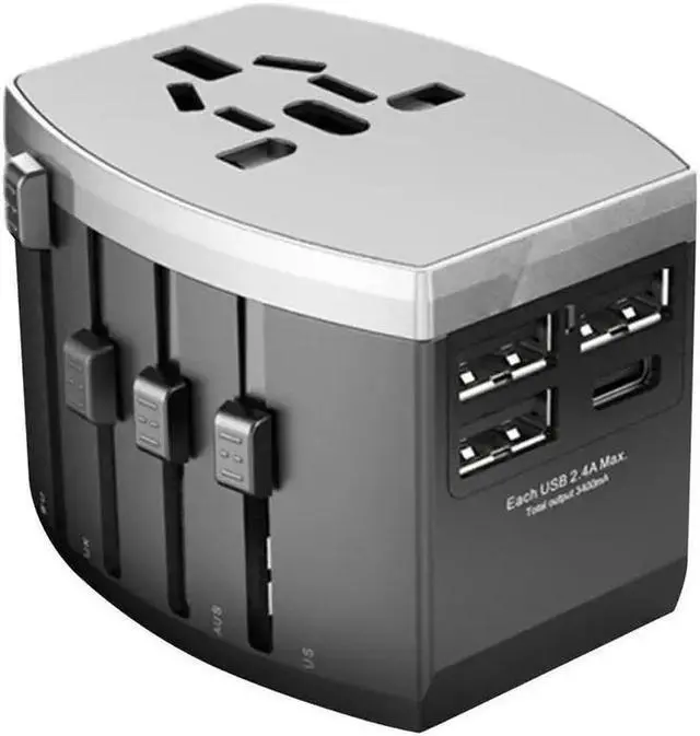 Alt view image 6 of 6 - Worldwide Universal Travel Power Adapter, 1500W International Adaptor with 3 USB + 1 Type-c Ports, UK/ EU/ AU/ US (200+ Countries) All-in-One Power Socket Wall Charger for America European Asia China