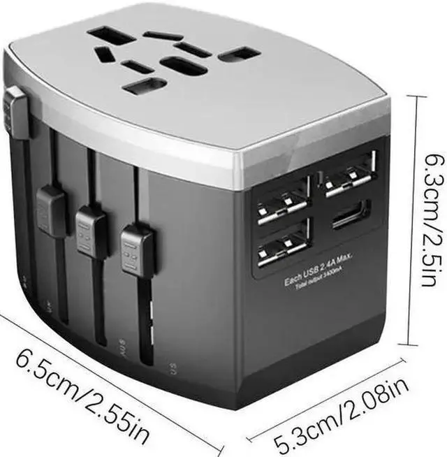 Alt view image 3 of 6 - Worldwide Universal Travel Power Adapter, 1500W International Adaptor with 3 USB + 1 Type-c Ports, UK/ EU/ AU/ US (200+ Countries) All-in-One Power Socket Wall Charger for America European Asia China