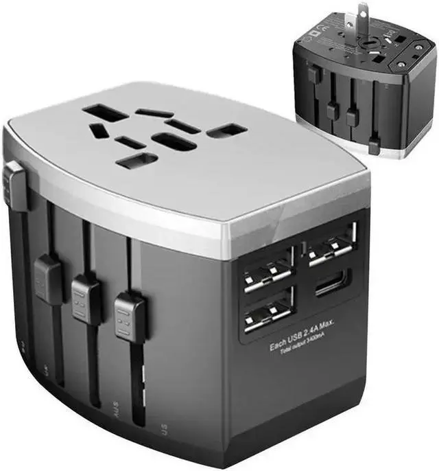 Alt view image 5 of 6 - Worldwide Universal Travel Power Adapter, 1500W International Adaptor with 3 USB + 1 Type-c Ports, UK/ EU/ AU/ US (200+ Countries) All-in-One Power Socket Wall Charger for America European Asia China