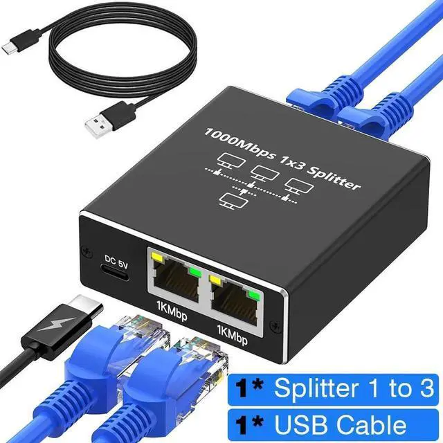 Alt view image 2 of 2 - RJ45 Ethernet Splitter 1 to 3 Out, 1000Mbps Network Splitter with USB Power Cable, Gigabit LAN Internet Splitter Connector for Cat 5/5e/6/7/8, Support Two Devices Working Simultaneously