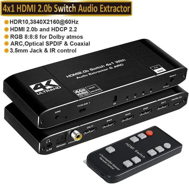 Main image of 4K@60Hz HDMI Switch 4x1 with Audio Extractor, 4 Port HDMI Switcher with Optical SPDIF + 3.5mm Audio + Coaxial, 4 in 1 Out HDMI Audio Selector Switch Box with Remote Support HDR10 ARC 18Gbps HDCP2.2