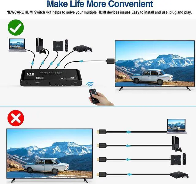 Alt view image 4 of 6 - 4K@60Hz HDMI Switch 4x1 with Audio Extractor, 4 Port HDMI Switcher with Optical SPDIF + 3.5mm Audio + Coaxial, 4 in 1 Out HDMI Audio Selector Switch Box with Remote Support HDR10 ARC 18Gbps HDCP2.2