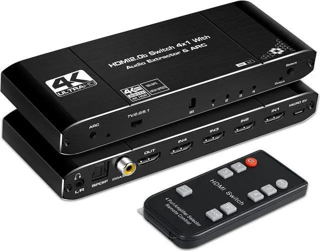 Alt view image 2 of 6 - 4K@60Hz HDMI Switch 4x1 with Audio Extractor, 4 Port HDMI Switcher with Optical SPDIF + 3.5mm Audio + Coaxial, 4 in 1 Out HDMI Audio Selector Switch Box with Remote Support HDR10 ARC 18Gbps HDCP2.2