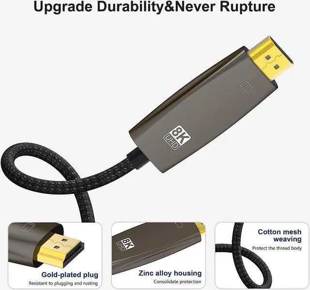 Alt view image 4 of 7 - 8K DisplayPort to HDMI Cable 3.3ft,Uni-Directional DP 1.4 to HDMI 2.1 Cable (32.4Gbps, 8K@30Hz, 4K@120Hz), Compatible for Lenovo ASUS Dell HP Insignia Samsung