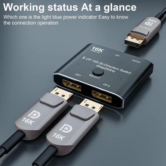 Alt view image 5 of 7 - 2 Port DisplayPort Switch, 16K@60Hz DP Switch Bi-Direction 8K@120Hz 4K@240Hz Displayport Splitter Converter for Multiple Source and displays 16K DP Video Converter