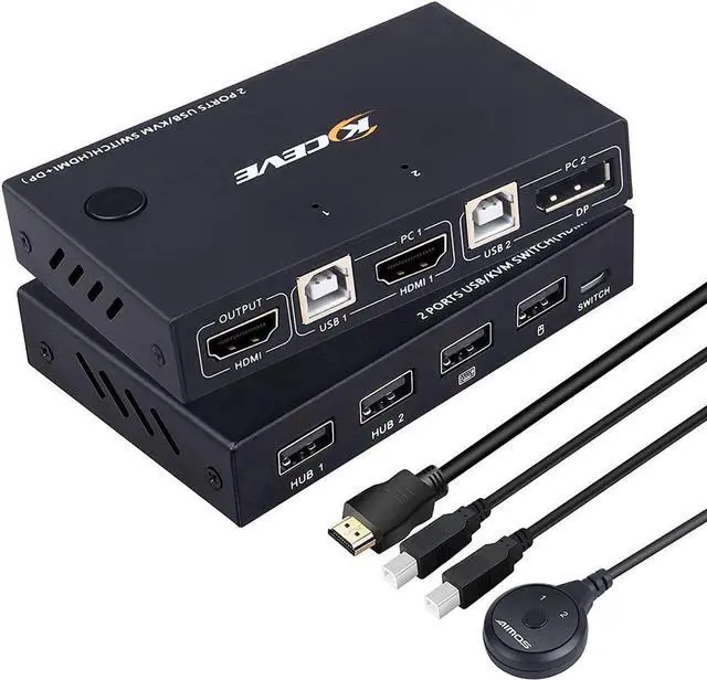 Main image of Displayport HDMI KVM Switch, DP+HDMI 2 Port KVM Switch, HDMI and Displayport USB Switch for 2 Computers Share One Set Keyboard Mouse Printer and One Monitor, 4K @30Hz with DP to HDMI Function