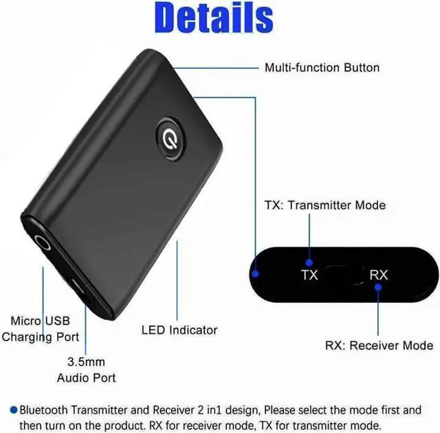 Alt view image 3 of 7 - 2-in-1 Bluetooth 5.0 Transmitter Receiver with 3.5mm Jack Aux for TV PC Home Car Sound System