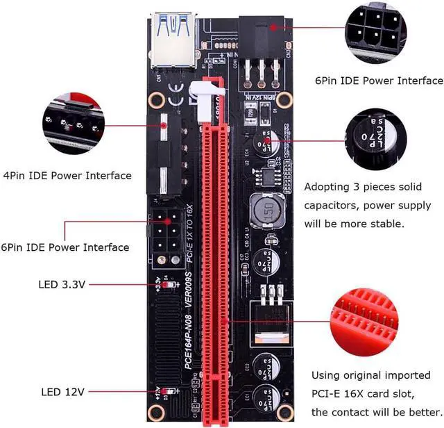 Alt view image 2 of 6 - Dual LED VER009S PCI-E Riser Card PCI Express 1X to 16X Adapter 60CM USB 3.0 Cable 6Pin Power for Graphics Card