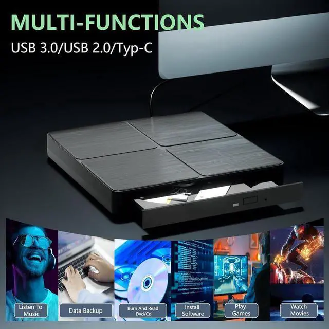 Alt view image 4 of 6 - DVD Player Portable CD Player for Laptop, External CD DVD Drive, USB 3.0 & Type C Optical DVD Drive DVD Burner CD ROM External CD/DVD Drive for PC for Desktop PC Laptop Windows Linux MacOS