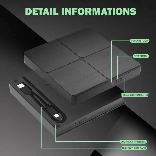 Alt view image 3 of 6 - DVD Player Portable CD Player for Laptop, External CD DVD Drive, USB 3.0 & Type C Optical DVD Drive DVD Burner CD ROM External CD/DVD Drive for PC for Desktop PC Laptop Windows Linux MacOS