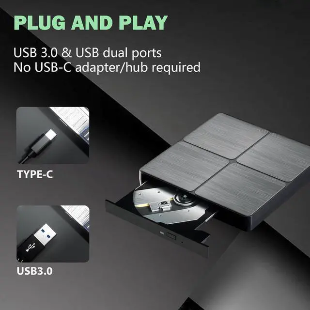 Alt view image 6 of 6 - DVD Player Portable CD Player for Laptop, External CD DVD Drive, USB 3.0 & Type C Optical DVD Drive DVD Burner CD ROM External CD/DVD Drive for PC for Desktop PC Laptop Windows Linux MacOS