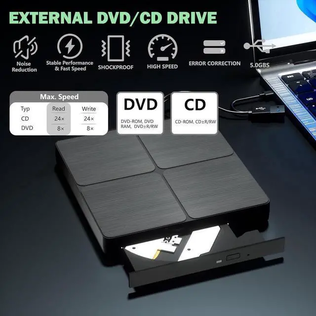 Alt view image 2 of 6 - DVD Player Portable CD Player for Laptop, External CD DVD Drive, USB 3.0 & Type C Optical DVD Drive DVD Burner CD ROM External CD/DVD Drive for PC for Desktop PC Laptop Windows Linux MacOS