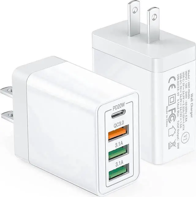 Alt view image 4 of 7 - 35W USB C Wall Charger Block, 2-Pack 4 Port PD+QC Fast Power Adapter, Type C Charging Brick Cube Plug for i-P-h-o-n-e 11/12/13/14/Pro Max, XS/XR/X, Tablet, Android Smartphones (White)
