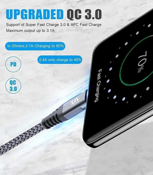 Alt view image 4 of 7 - sweguard USB Type C Charger Cable [3-Pack,10ft+6.6ft+3.3ft] iPhone 15 Charger Nylon Braided Cord for iPhone 15 Pro Max Samsung Galaxy S23 S22 S21 S20 S10 S9 Note 20 10 Flip A53 A54 Pixel LG Moto PS5