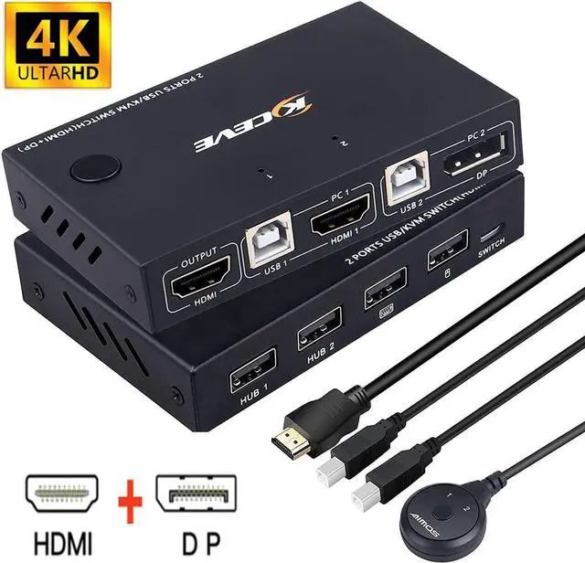 Main image of 2 Port HDMI +DisplayPort KVM Switch for 2 Computers, DP HDMI USB KVM Switch for 2 Computers Share One Set Keyboard Mouse Printer and One Monitor, DP Support for 1920*1200 @30Hz HDMI Support 4K @30Hz