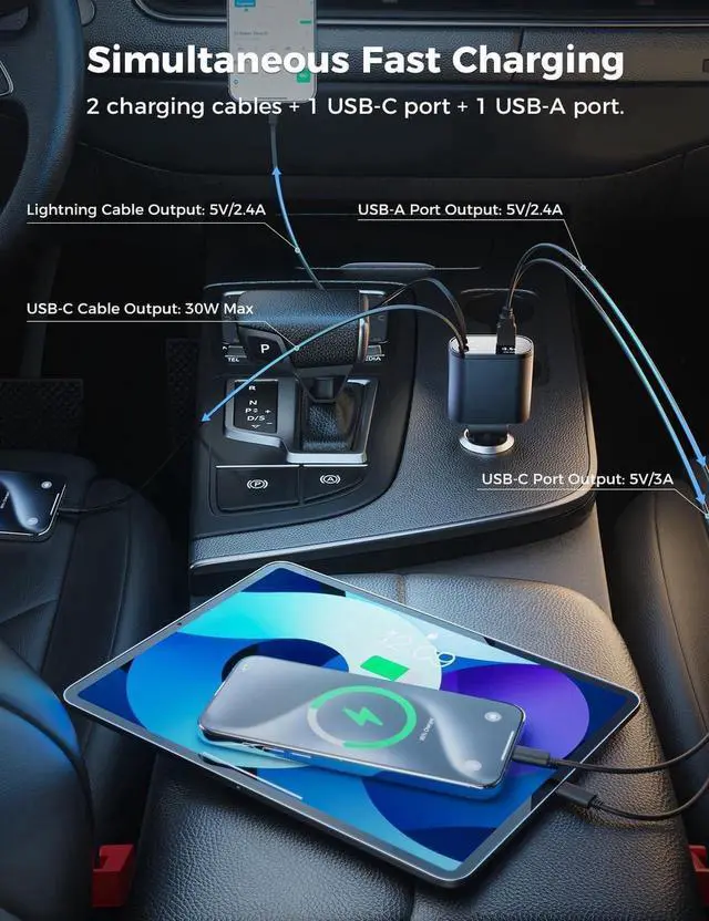 Alt view image 6 of 7 - Upgraded SUPERONE Retractable Car Charger 4 in 1, Fast Car Phone Charger with Cord 2.6ft, USB C and Lightning Car Charger Adapter, Compatible with iPhone 15/15 Pro Max/14/13/12/11, Galaxy, Pixel