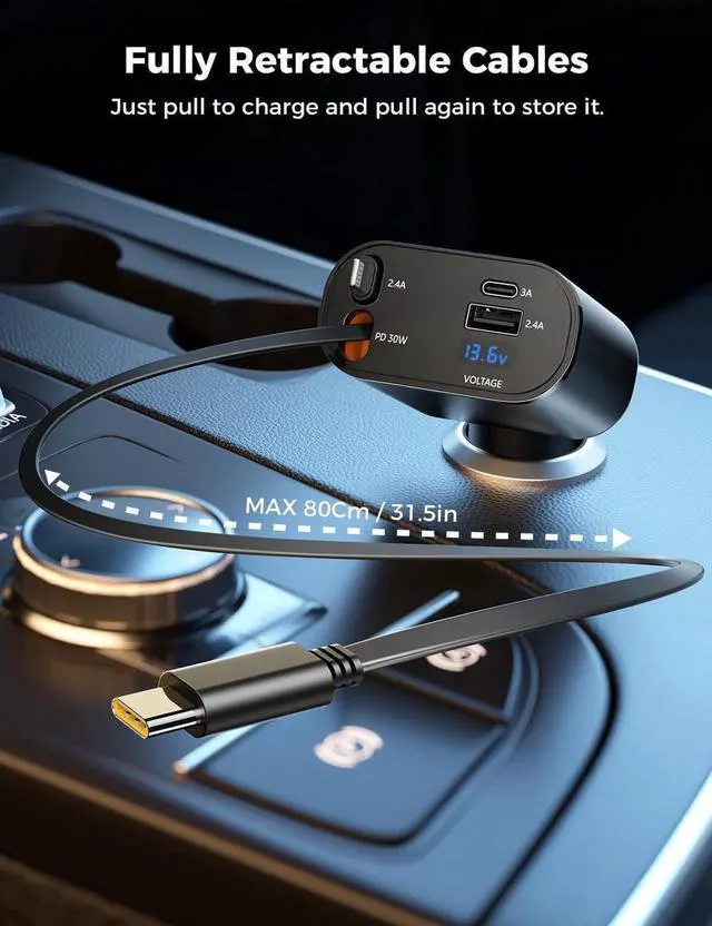 Alt view image 7 of 7 - Upgraded SUPERONE Retractable Car Charger 4 in 1, Fast Car Phone Charger with Cord 2.6ft, USB C and Lightning Car Charger Adapter, Compatible with iPhone 15/15 Pro Max/14/13/12/11, Galaxy, Pixel