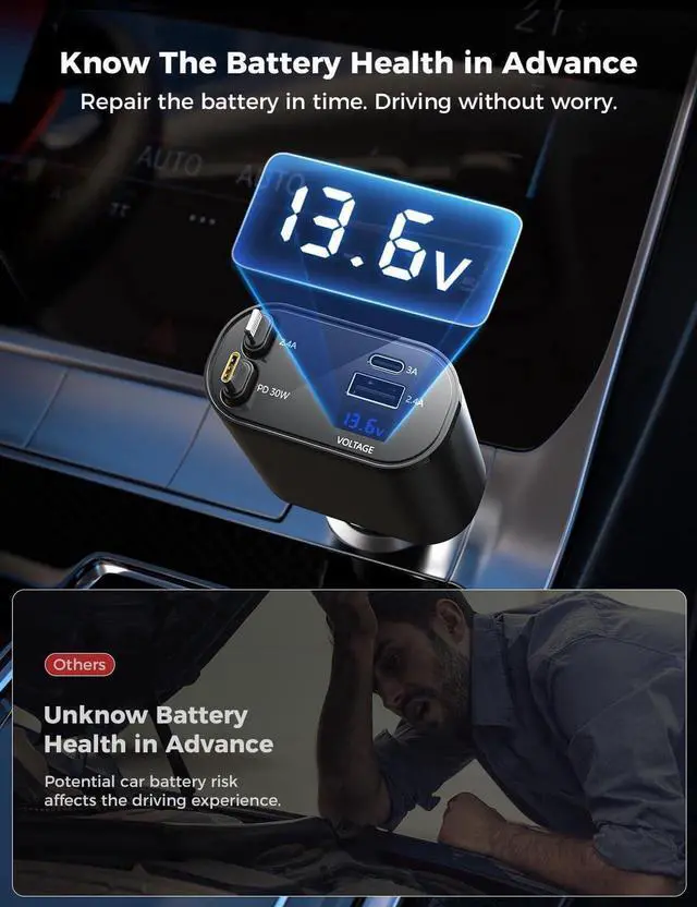 Alt view image 2 of 7 - Upgraded SUPERONE Retractable Car Charger 4 in 1, Fast Car Phone Charger with Cord 2.6ft, USB C and Lightning Car Charger Adapter, Compatible with iPhone 15/15 Pro Max/14/13/12/11, Galaxy, Pixel