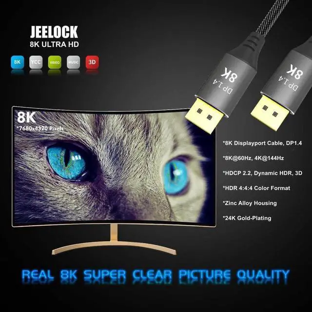 Alt view image 3 of 7 - VESA Certified DisplayPort Cable 1.4, 8K DP Cable 3.3FT (8K@60Hz, 4K@144Hz, 1080P@240Hz) HBR3 Support 32.4Gbps, HDCP 2.2, HDR10 FreeSync G-Sync for Gaming Monitor 3090 Graphics PC