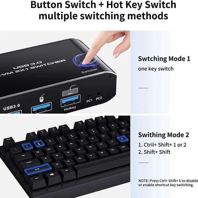 Alt view image 7 of 7 - 8K @60Hz HDMI2.1 KVM Switch 2 in 1 Out, 2 Port HDMI 2.1 USB KVM Switch for 2PC Shares 1 Set Mouse, Keyboard and Monitor, Support 8K @60Hz, 4K @120Hz, Hotkey, 4x USB 3.0 Port, HDMI2.1 in/Out Port