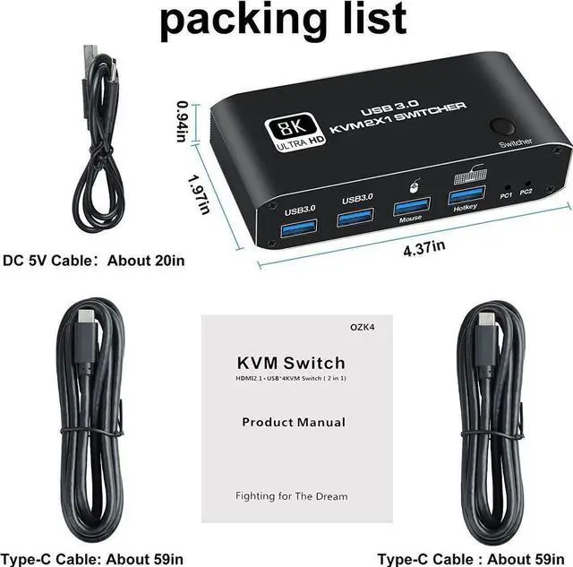 Alt view image 3 of 7 - 8K @60Hz HDMI2.1 KVM Switch 2 in 1 Out, 2 Port HDMI 2.1 USB KVM Switch for 2PC Shares 1 Set Mouse, Keyboard and Monitor, Support 8K @60Hz, 4K @120Hz, Hotkey, 4x USB 3.0 Port, HDMI2.1 in/Out Port